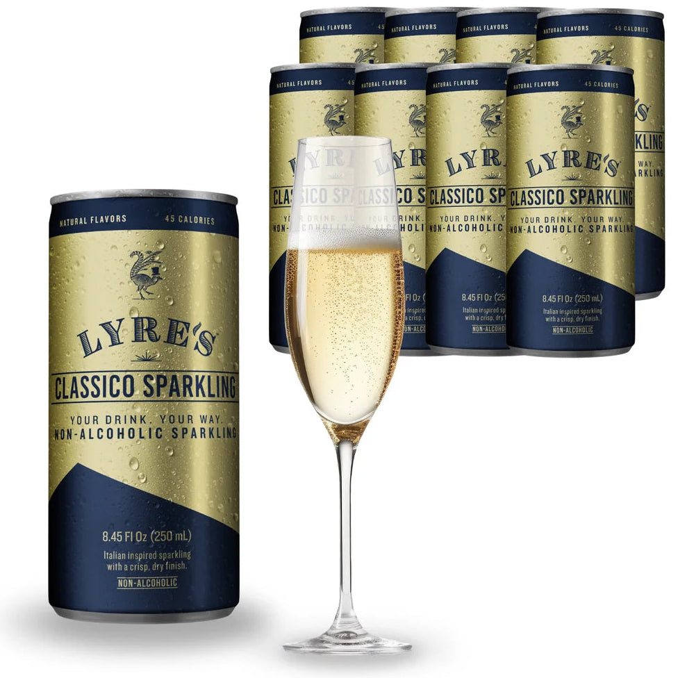 Lyre's Classic Sparkling non-alcoholic sparkling wine with a glass of champagne on a white background