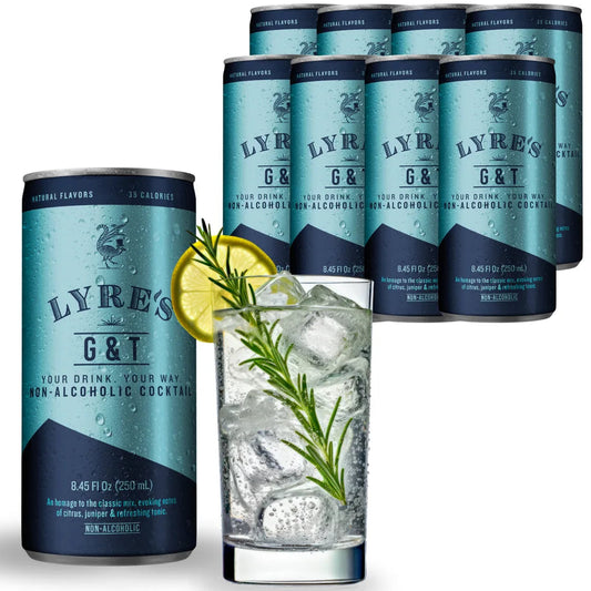 LYRE'S G&T non-alcoholic cocktail cans with a glass of the cocktail garnished with a lemon and rosemary.