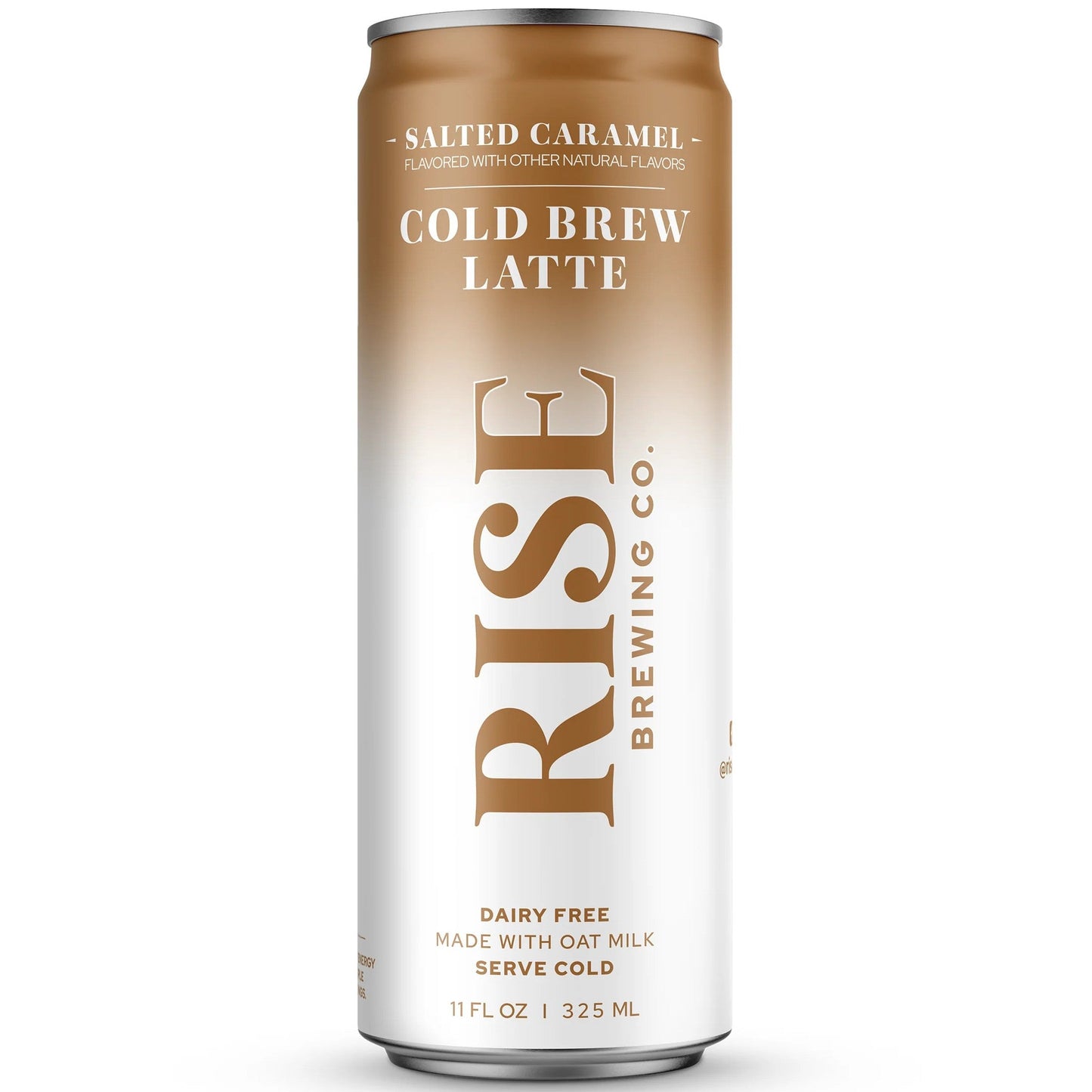 A single aluminum can of Rise Brewing Co. Salted Caramel Cold Brew Latte, featuring a white and caramel-brown gradient design with gold lettering, set against a plain white background.