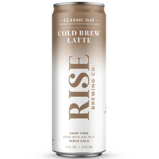 A single can of Rise Brewing Co. Classic Oat Cold Brew Latte on a clean white background.