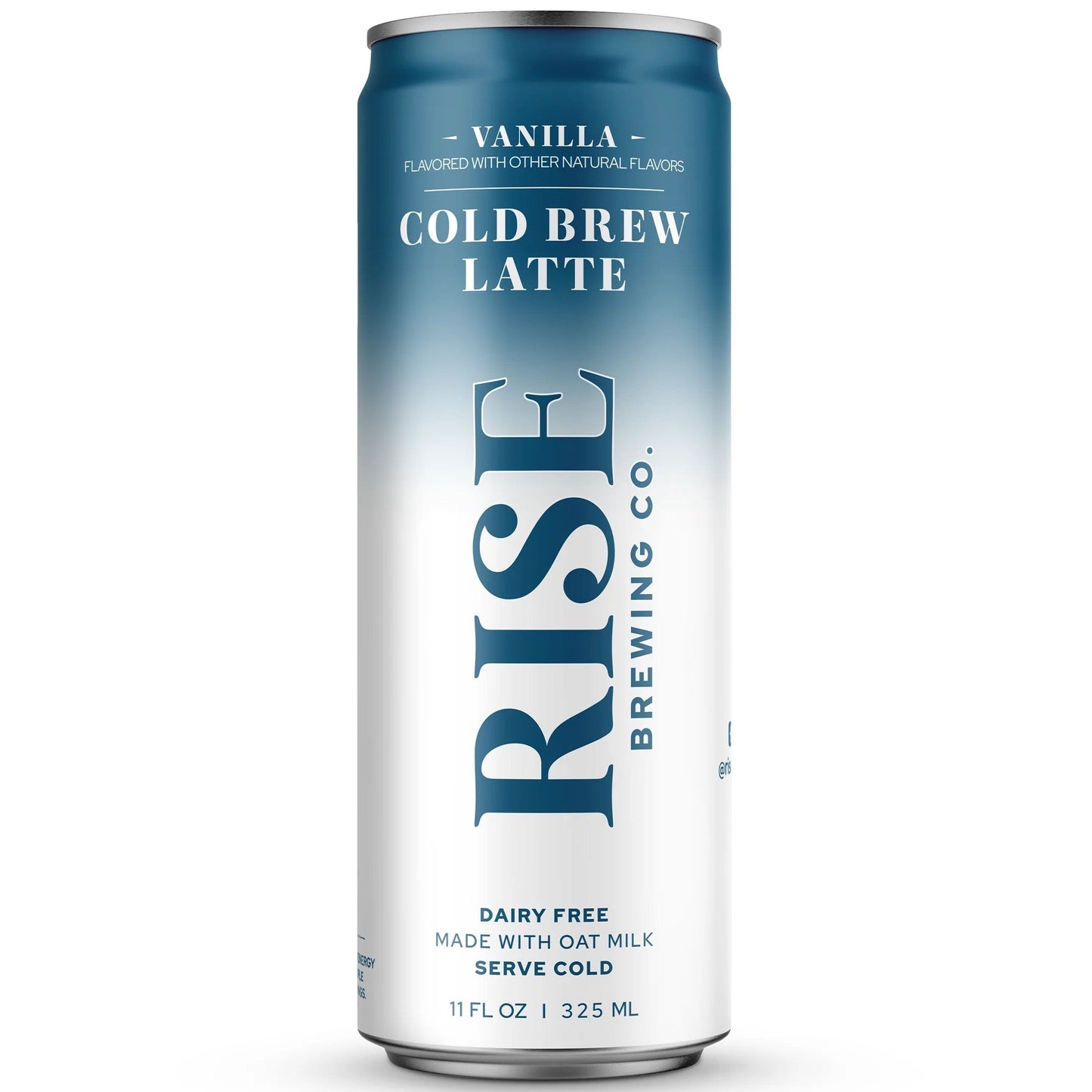 A single can of Rise Brewing Co. Vanilla Cold Brew Latte, featuring a blue-to-white gradient design with dark blue typography, set against a plain white background.