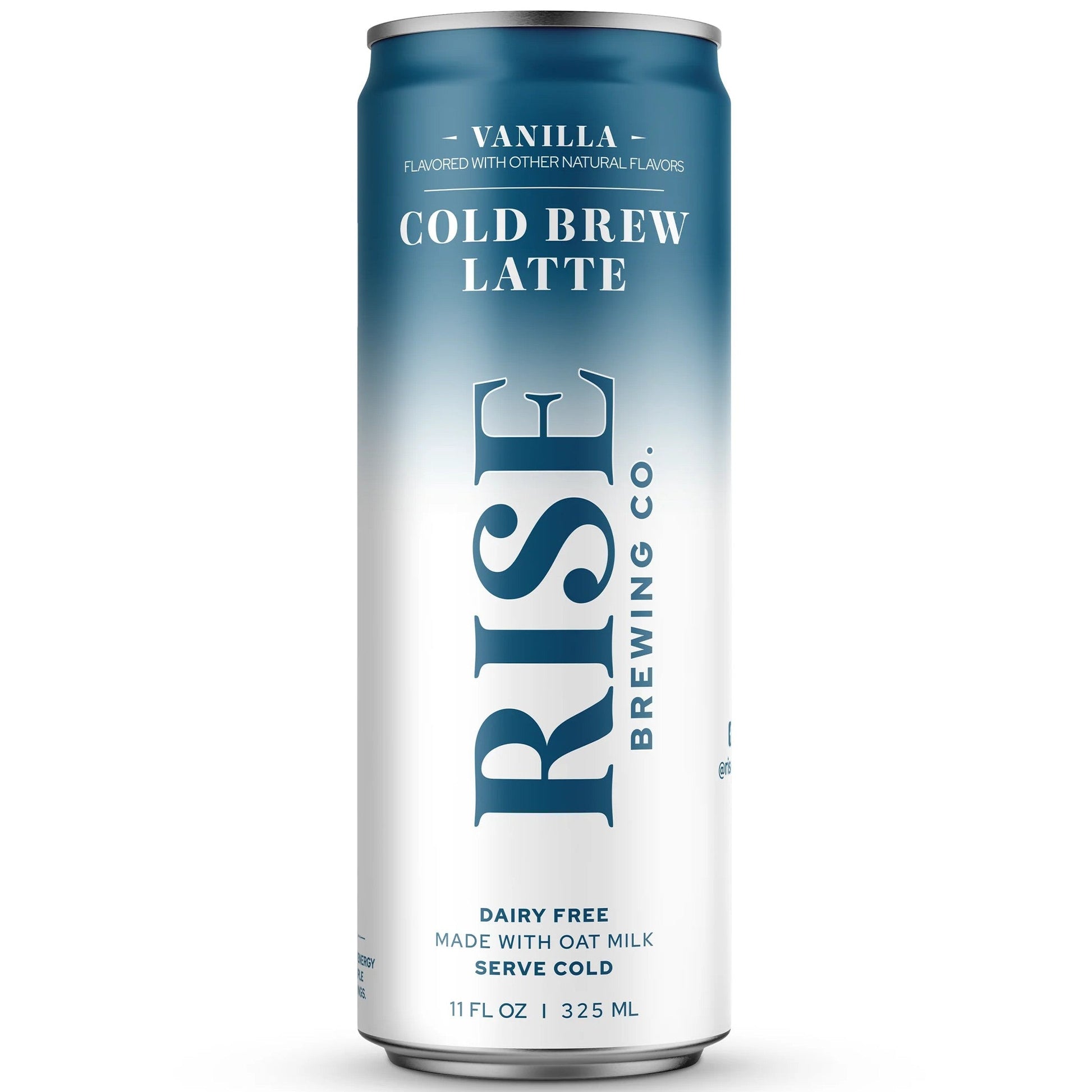 A single can of Rise Brewing Co. Vanilla Cold Brew Latte, featuring a blue-to-white gradient design with dark blue typography, set against a plain white background.