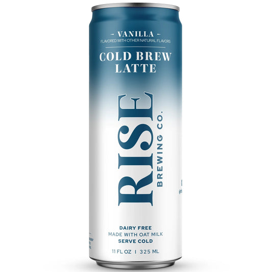 A single can of Rise Brewing Co. Vanilla Cold Brew Latte, featuring a blue-to-white gradient design with dark blue typography, set against a plain white background.